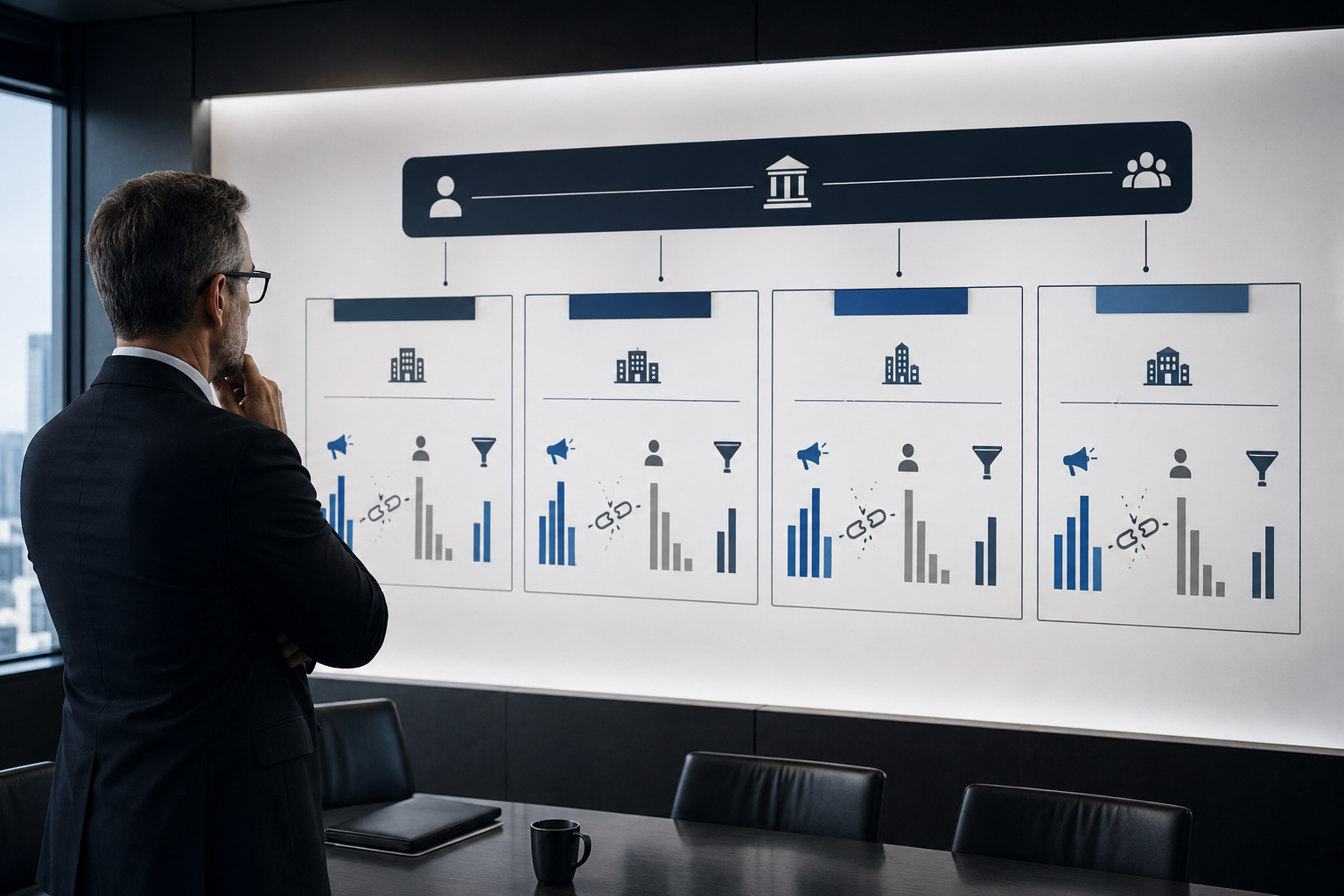 Executive reviewing governance issues across multiple portfolio companies on a strategy board