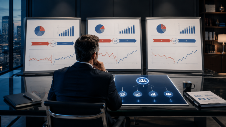 Executive reviewing portfolio company sales and marketing governance dashboards in a boardroom