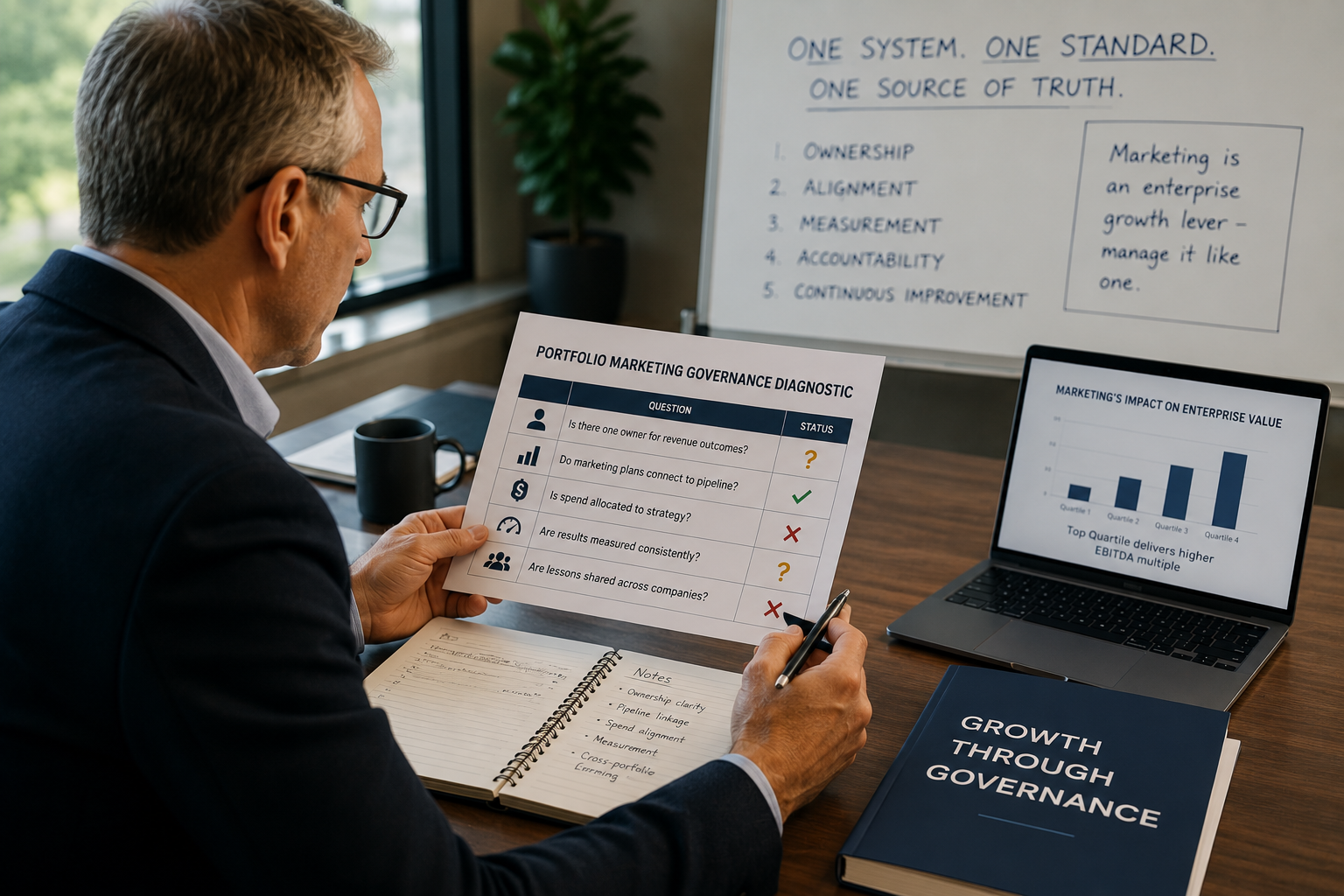 Executive reviewing a portfolio marketing governance diagnostic and growth data